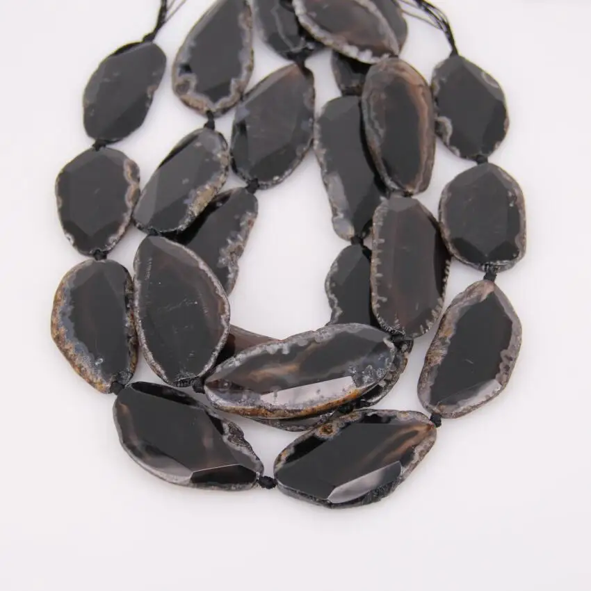 Approx 7PCS,Raw Natural Black Achate Long Faceted Slab Slice Beads Charm,Drilled Large Size Polished Achate in Random Shape