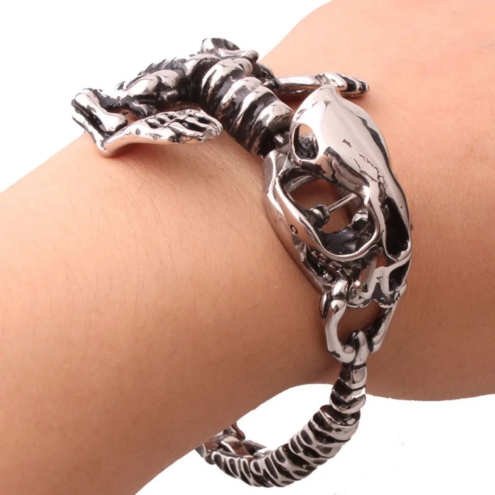 

Statement Tyrannosaurs/Dinosaur Skeleton Unique Design Stainless Steel Silver Color And Black Men Bracelet Bangle Wristband 8"