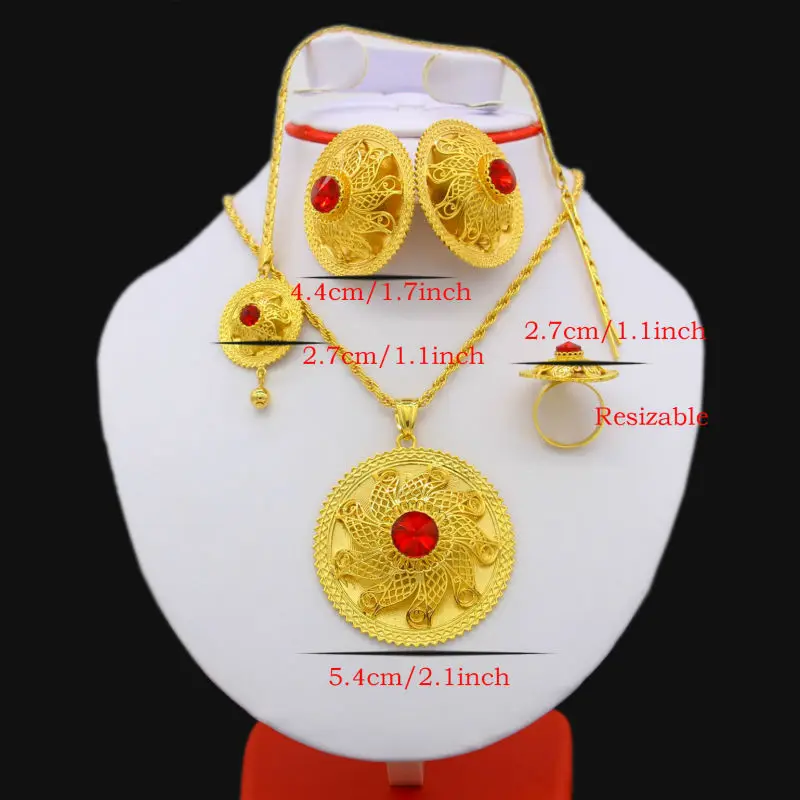 Adixyn Ethiopian Jewelry set 24K Gold Color Crystal Necklace/Pendant/Hair Chain/Earring/Ring Middle Easter Habesha Wedding set