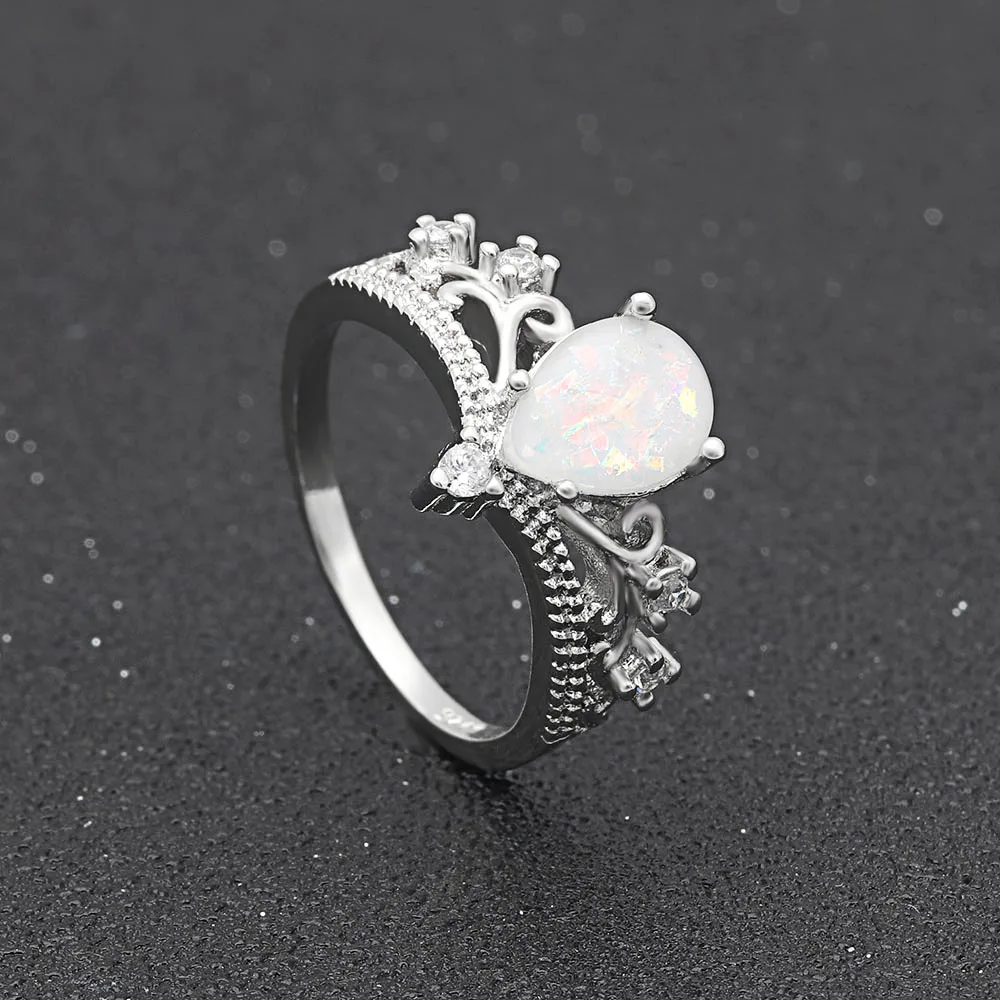 White Fire Opal Water Drop Charms Finger Ring Jewelry Silver Color Bijoux CZ Crystal Stone Crown Design Custom Ring For Women