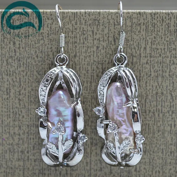 2018 Fashion Purple Natural Freshwater  Pearl Earrings Hot Seling 925 Sterling Silver Jewelry Natural Color Fine Earrings