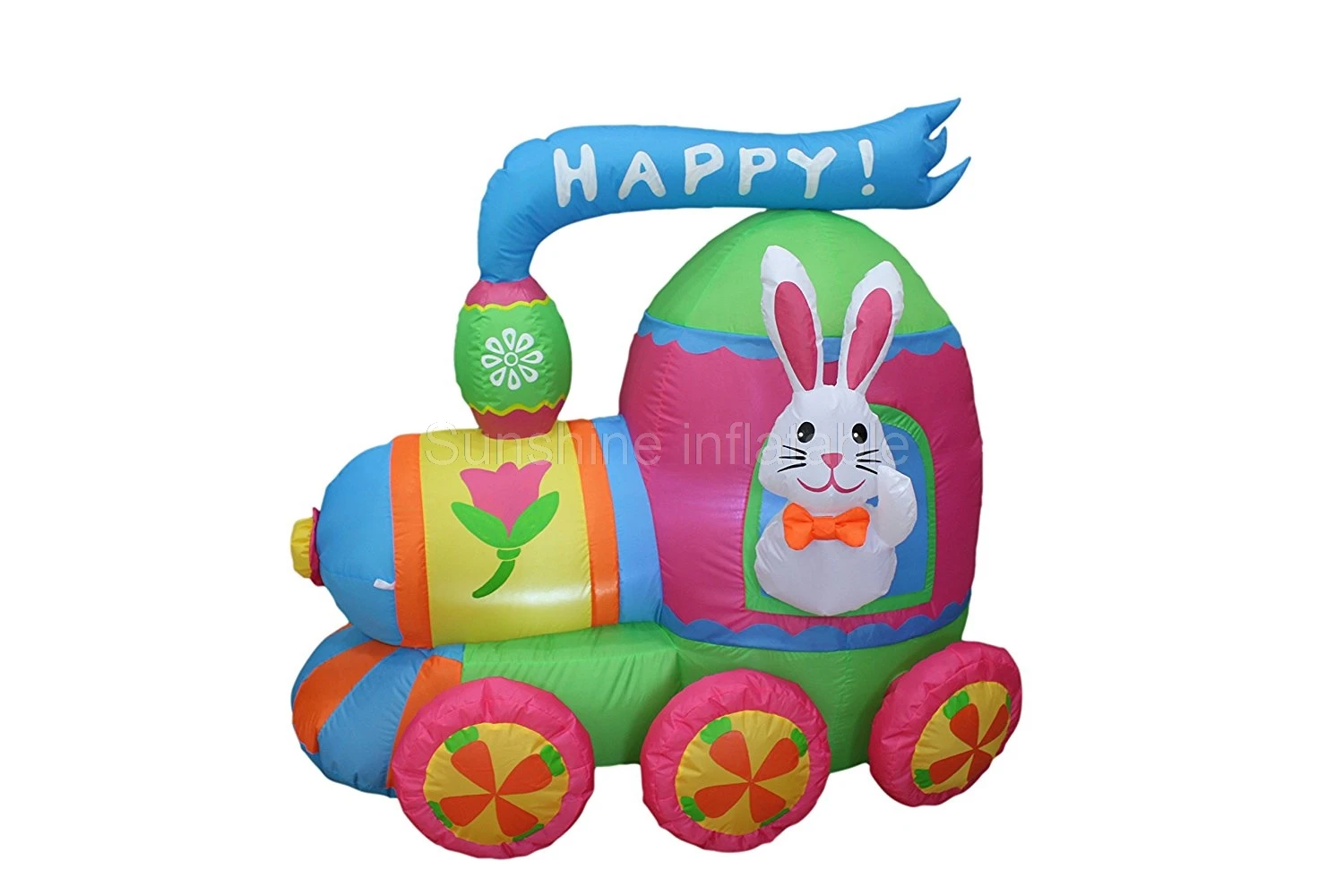 Giant 8'-10' Long Easter Air Blown Inflatable Bunny on Colorful Train Yard Decoration