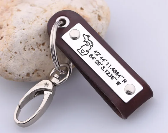 

GPS Coordinate Leather keychain - State Map leather key chain - Michigan Keychain - Can be Made with any Countries or States