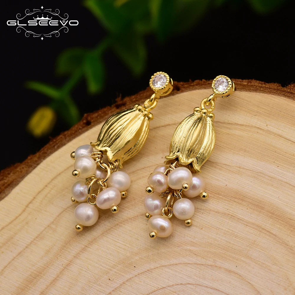 GLSEEVO Natural Fresh water Pearl Yellow Lily Flower Plant Tassel Drop Earrings For Women Shining Dangle Earrings Luxury Jewelry