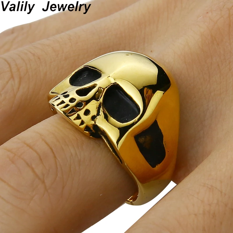 Valily Jewelry Men's Skull Ring Vintage Motor Biker Silver Half Alien Skull Ring Stainless Steel Gold Black Band Rings for Men