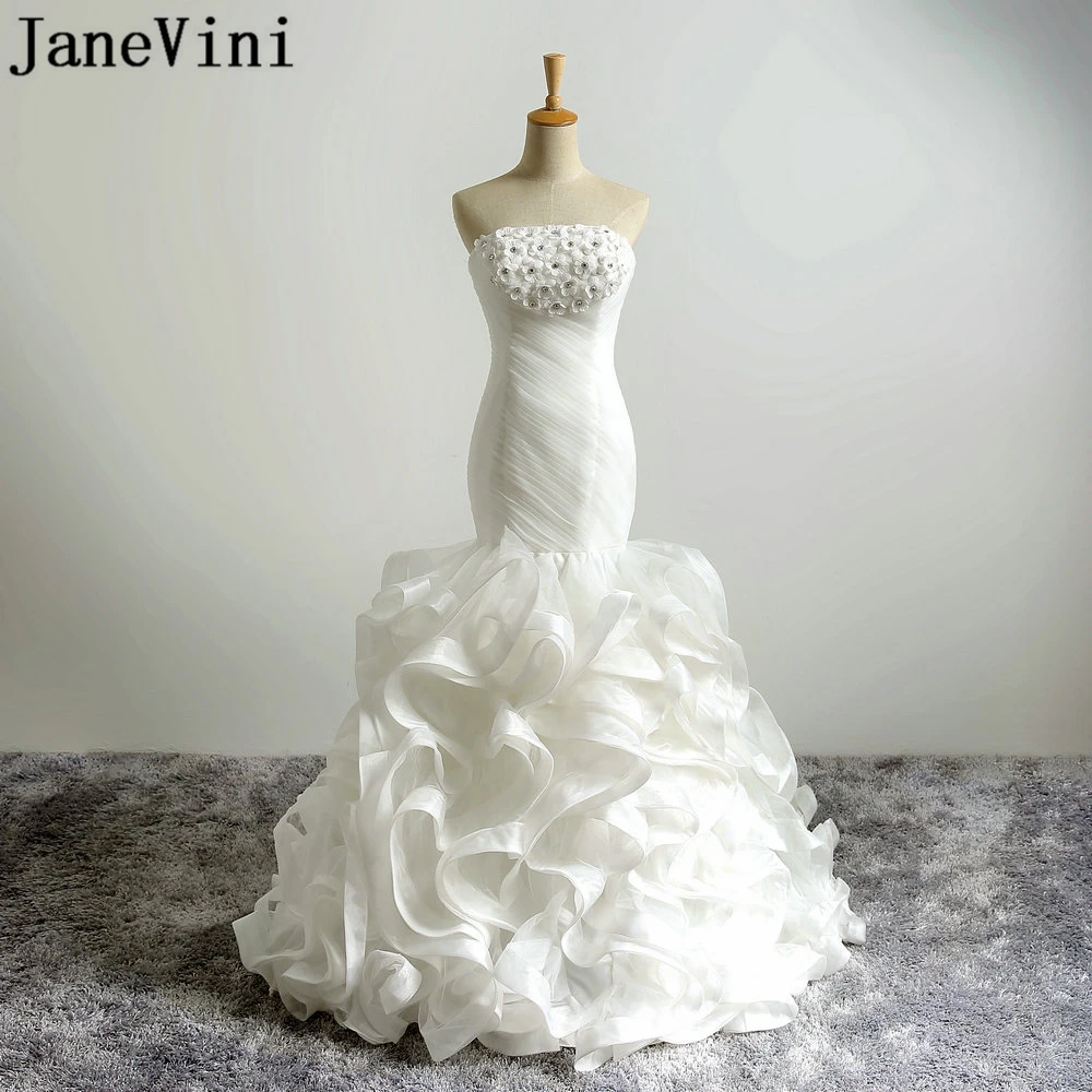 JaneVini-vestidos De novia elegantes De sirena sin tirantes, hechos a mano, flores con cuentas De Organza, fruncidos, vestidos De novia