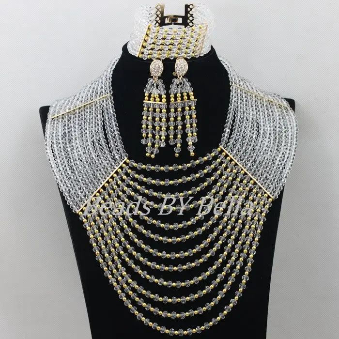 Exclusive 12 Layers Crystal Beads Nigerian Wedding African Beads Jewelry Set Bridal Jewelry Sets Necklace  ABF317