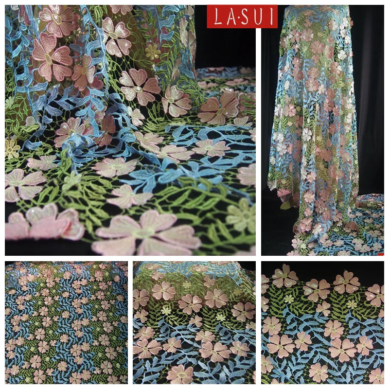 LASUI 1Y=1Lot New Very beautiful flowers Multicolor water-soluble+sequins thick embroidery lace fabric Gorgeous Hollow   S0044