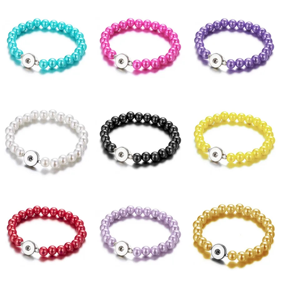 Fashion Colorful Imitation pearls Beads snap Bracelets Elastic fit DIY 12mm snap buttons Jewelry Diameter 6cm  AB0005