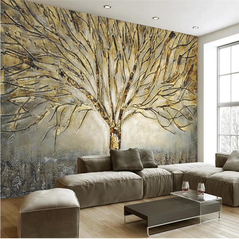 wellyu Fashion a tree modern American metal relief oil painting TV backdrop custom large fresco green wallpaper