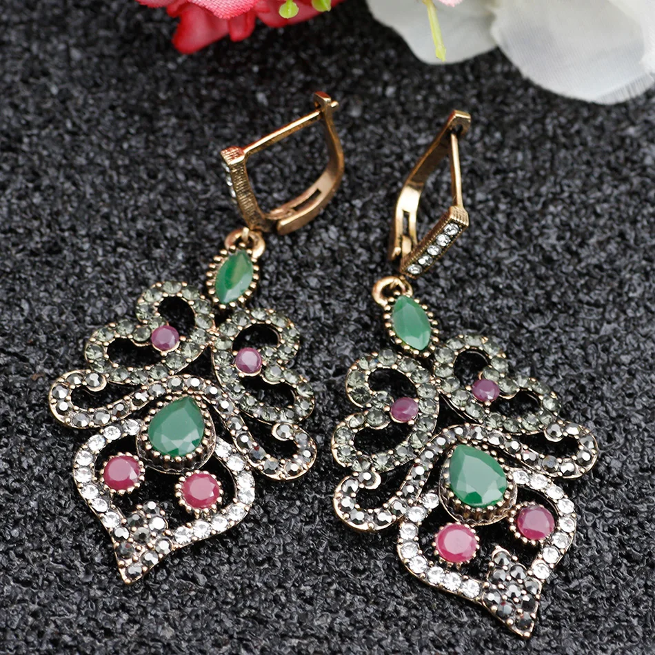 Sunspicems Exquisite Women Crystal Earrings Turkish Retro Vintage Dangle Hook Love Earrings Drop Water Resin Ethnic Jewelry