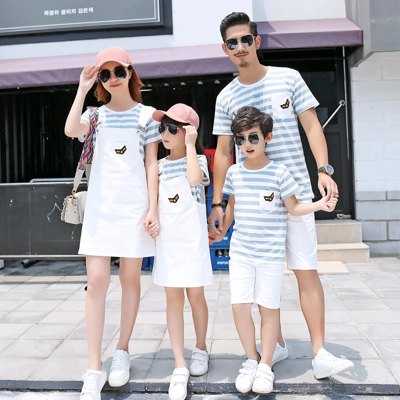 Family Clothing Set Couple Clothes Summer Stripe Suit Men Boy Clothing Set, Women Dress Girls Dress Family Look Mommy and Me