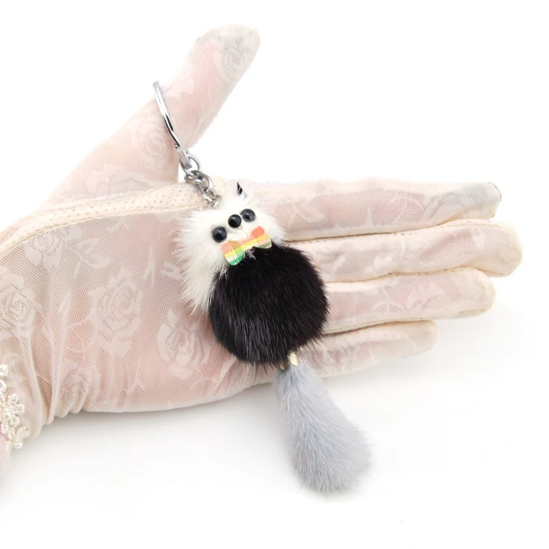 New Cute Girls Fluffy Rabbit Fur Pompom Raccoon Keychain Women Genuine Fur Bear Key Chain Pom Pom Bag Car Trinket Party Gift