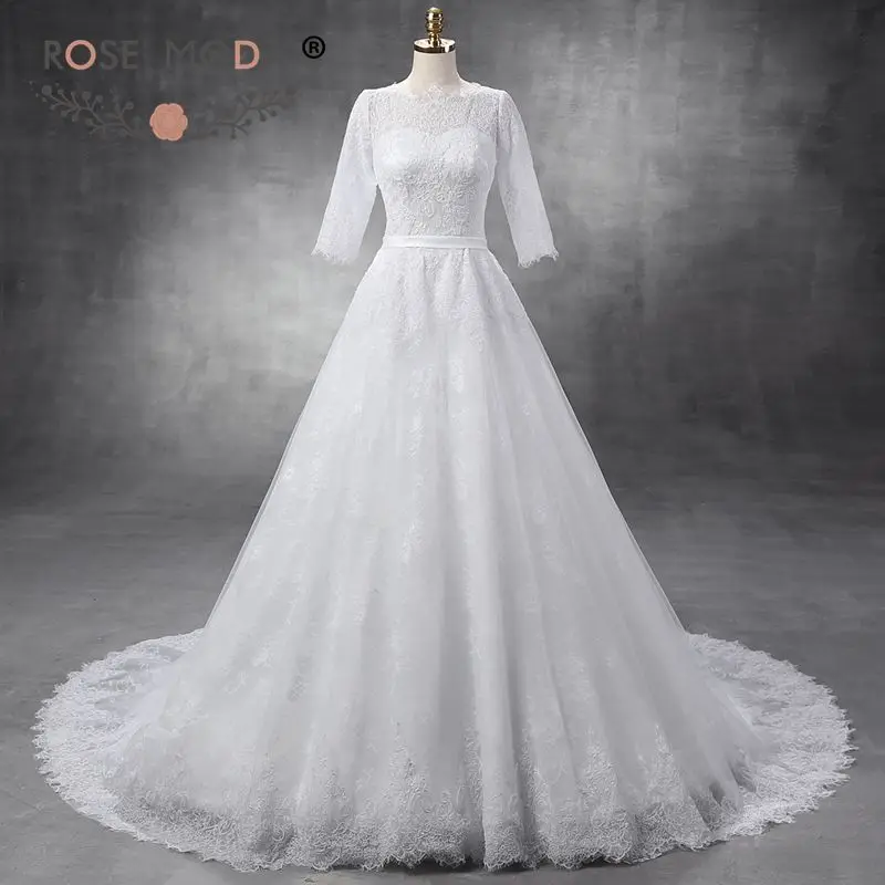 Rose Moda 3/4 Long Sleeves Lace Wedding Dress Real Photos