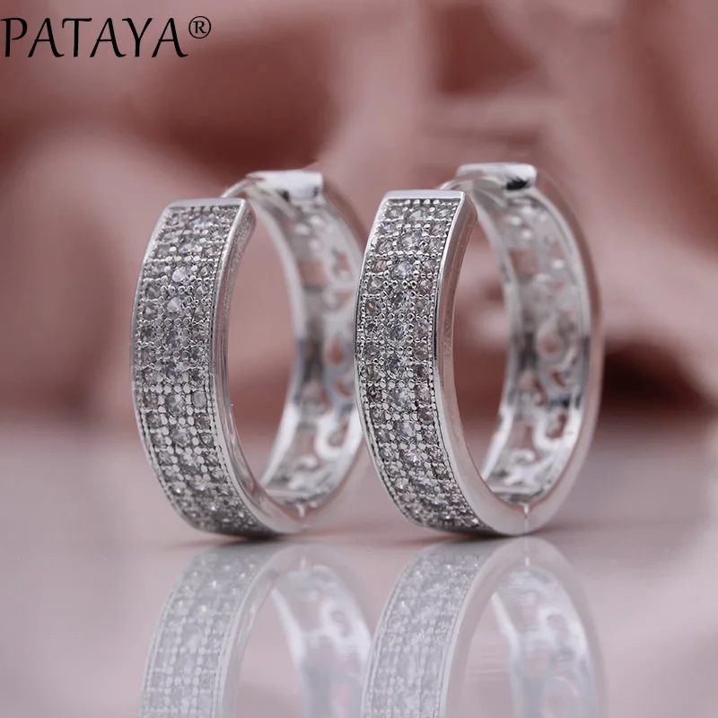 PATAYA New Hollow Round Earrings Women Fashion Fine Wedding Party Jewelry 585 Rose Gold Color Natural Zircon Dangle Big Earrings