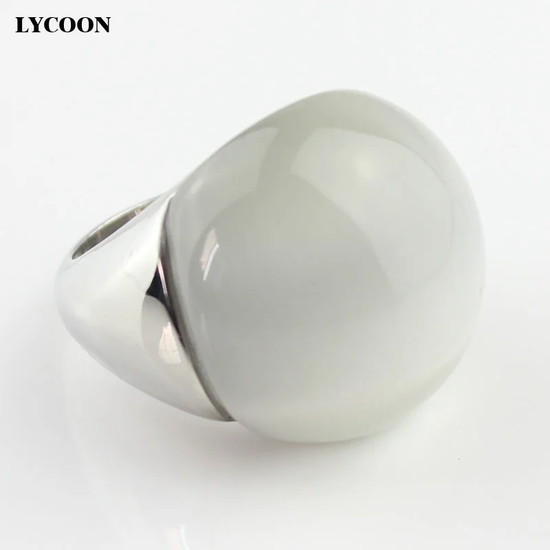 LYCOON Fashion high quality woman opals jewelry ring 316L stainless steel with white cat\'s eyes stone in ball shape big rings