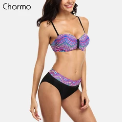 Charmo Women Bikini Set Retro swimwear Striped Bikini Floral Printed Swimwear Women Sexy Swimsuit underwire vintage bikini set