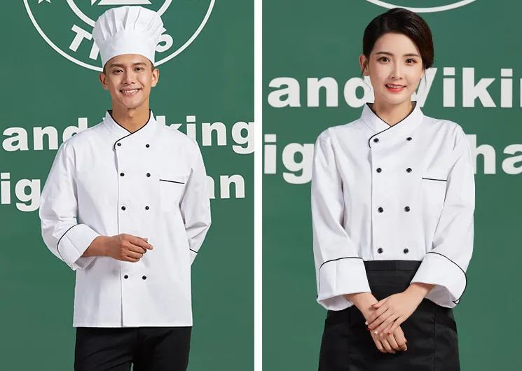 2018 großhandel Schwarz Weiß Unisex Küchenchef Uniform langarm Zweireiher Koch Tragen Chef Jacke Bäckerei Lebensmittel Service