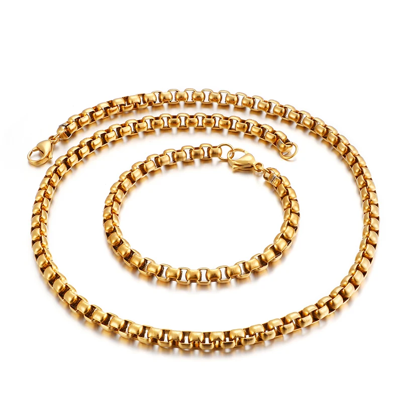 3mm/ 4mm Gold Stainless Steel Huge Square box rolo chain Necklace & Bracelet set for women boy mens gifts