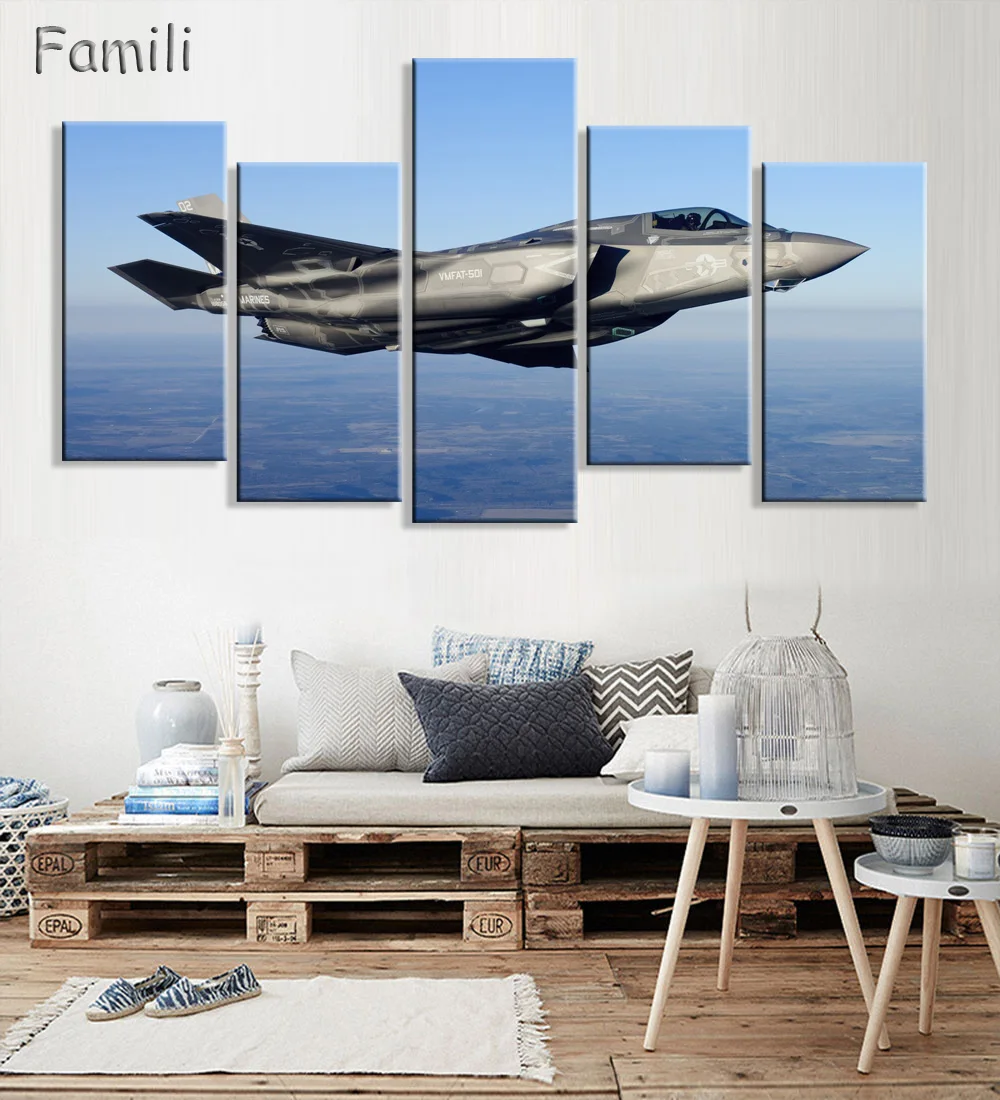 

Direct Selling Cuadros 5Pieces Modern Fighter Aircraft Canvas Painting Combat Wall Picture Art For Living Room Unframed