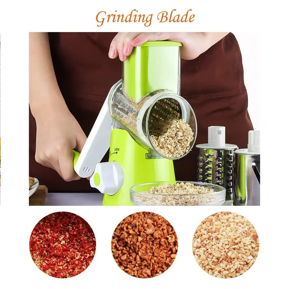 Vegetable Slicer Cheese Grater Rotary Rotary Drum Grater 3-Blades Manual Vegetable Mandoline Chopper with Suction Cup