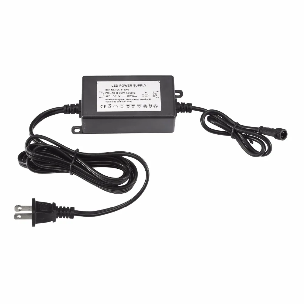 30W Switching Adapter Transform Black AC 90-260V into DC 12V with Waterproof Connectors Interior/Exterior LED Lights Driver IP67