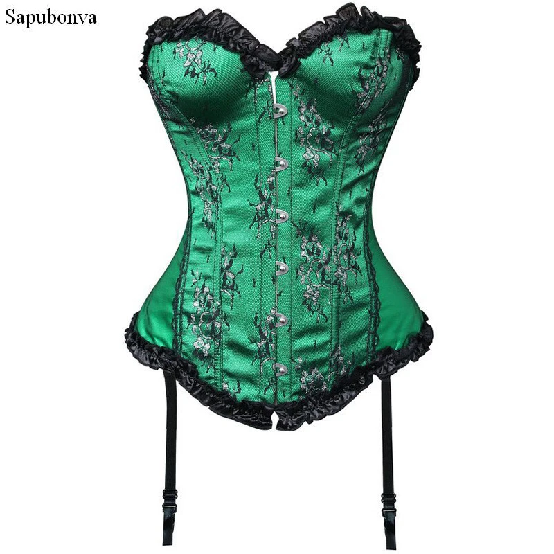 Sapubonva fashion sexy women gothic corset bustier lace up burlesque vintage overbust corset brocade flower corselet green red