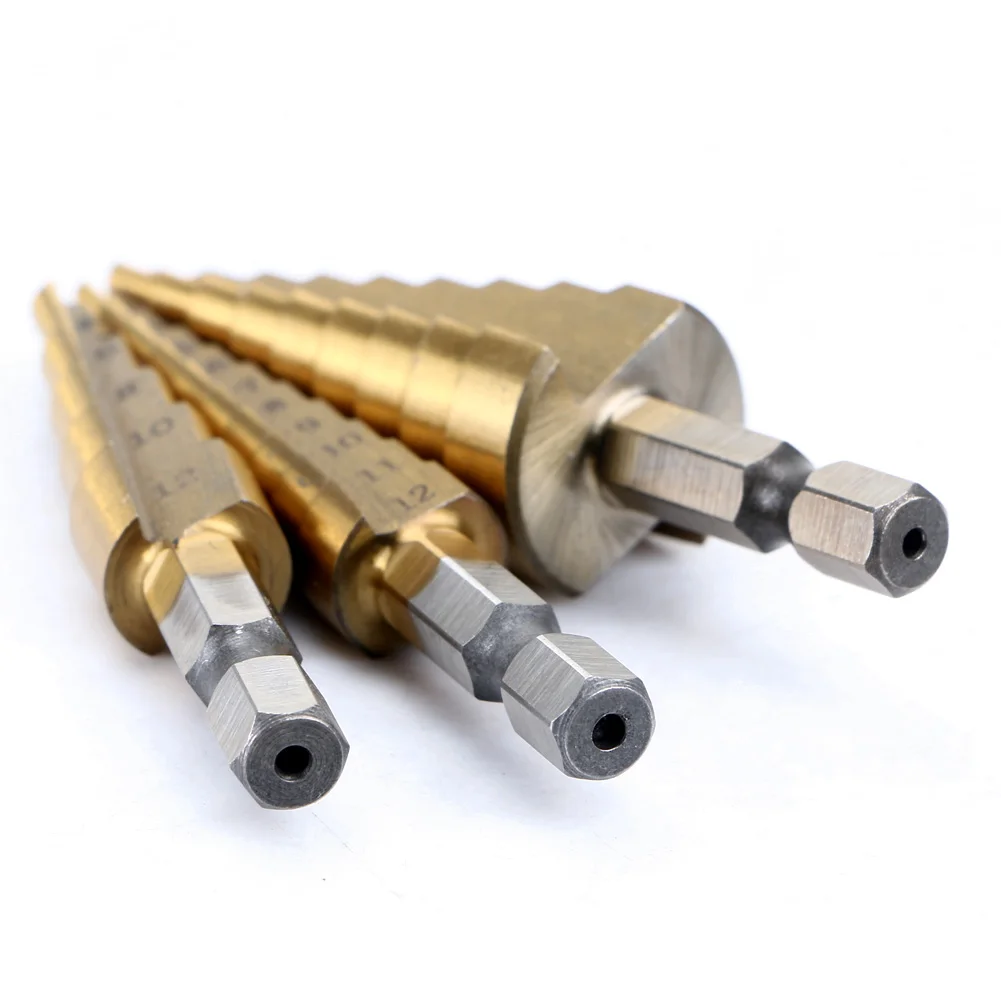 3Pcs 1/4นิ้วมัลติฟังก์ชั่ขั้นตอน Mata Bor HSS Sharpening ไทเทเนียมโลหะ Hex ขั้นตอน Mata Bor ชุดงานไม้เครื่องมือเจาะโลหะ