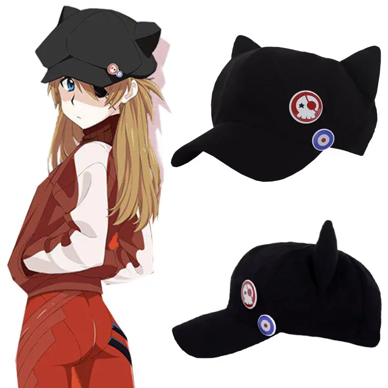 EVA Asuka anime hat cat ear cute black Plush baseball cap anime Costumes Hats