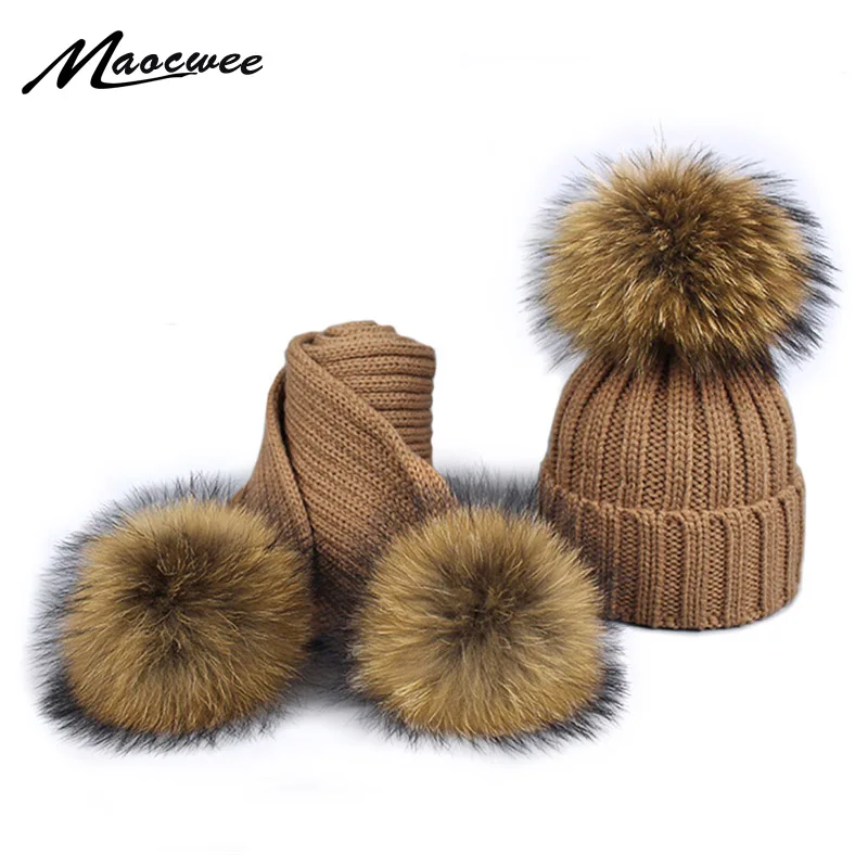 

2018 Girl Pom Pom Beanie Warm Knitted Bobble Fur Pompom Hat and Scarf Set Children Real Raccoon Fur Pompon Winter Hat Skullies