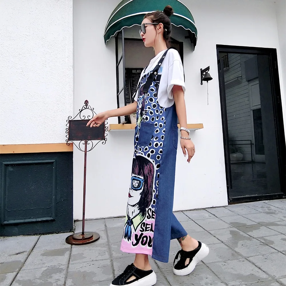 MUMUZI Summer New Print Cute Cartoon Denim Overalls Dot Printing Wide Leg Jean Pants Trousers Rompers Overall For Women Fashion