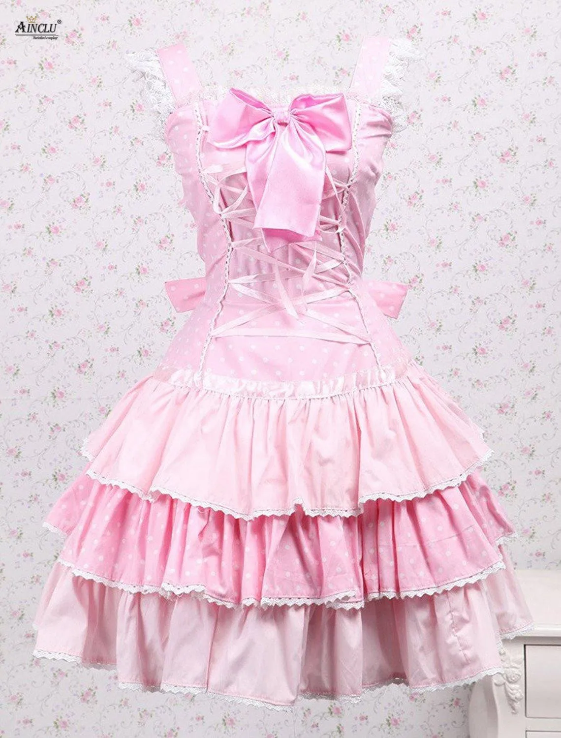 Spring/Summer Ainclu Cemavin Cotton Pink Lace Front Ties White Lacy Bow Sweet Cute Lolita Casual Party Sling Dress Free Shipping