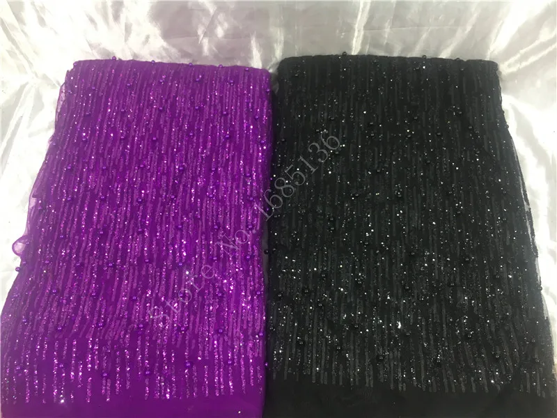 Purple and Black Color Glitter Material with Beads Glued Sticky Lace Fabric H-120143 for Pretty Dress or Fashion Decoration