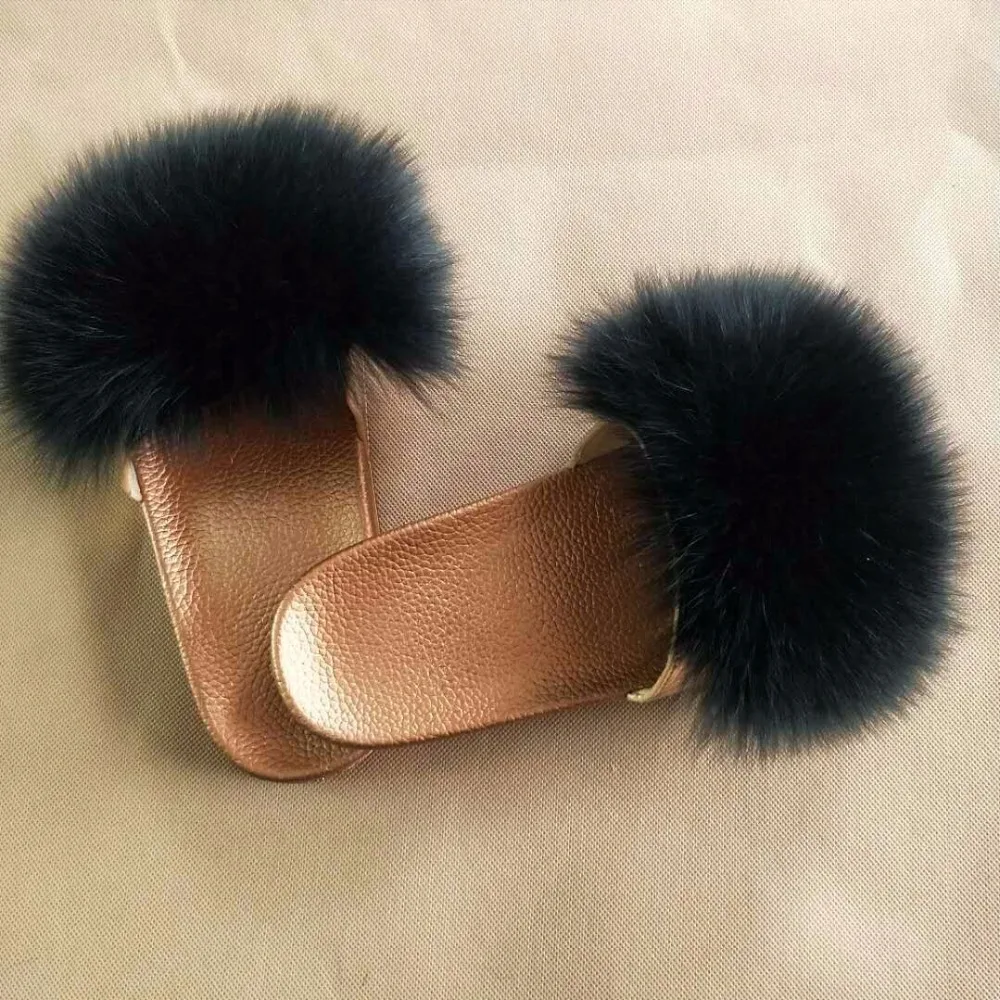 

Real Fox Hair Slippers Women Fur Home Fluffy Sliders Plush Furry Summer Flats Sweet Ladies Shoes