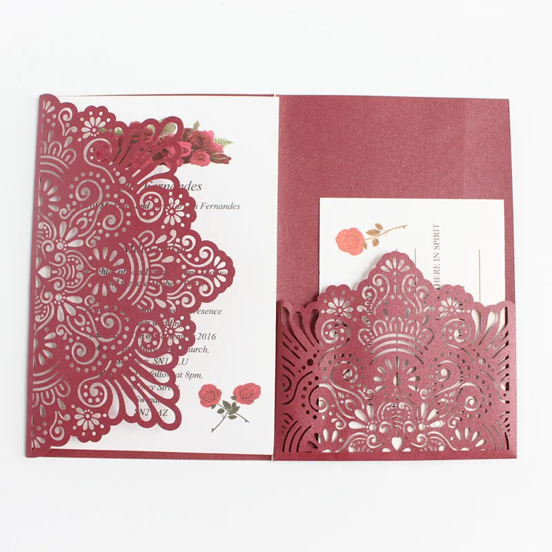 

Burgundy wedding invitation cover fall winter tri-folded pocket laser cut invitation with belly band