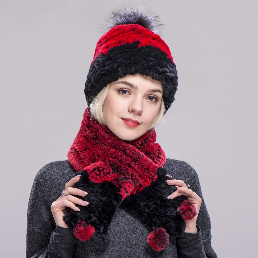 2020FXFURS Winter Fur Hat for Women Real Rex Rabbit Fur Hats with Silver Fox Fur pompom Knitted Beanies Caps hat scarves one set