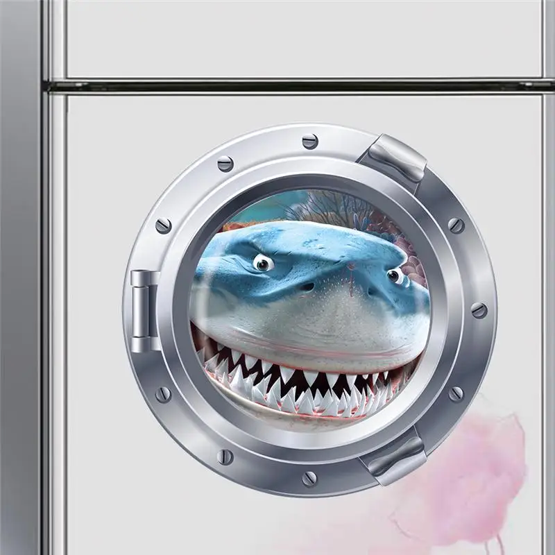 big teeth shark fish submarine portholes wall stickers kids room decoration  025. home decals window nursery mural art 5.0