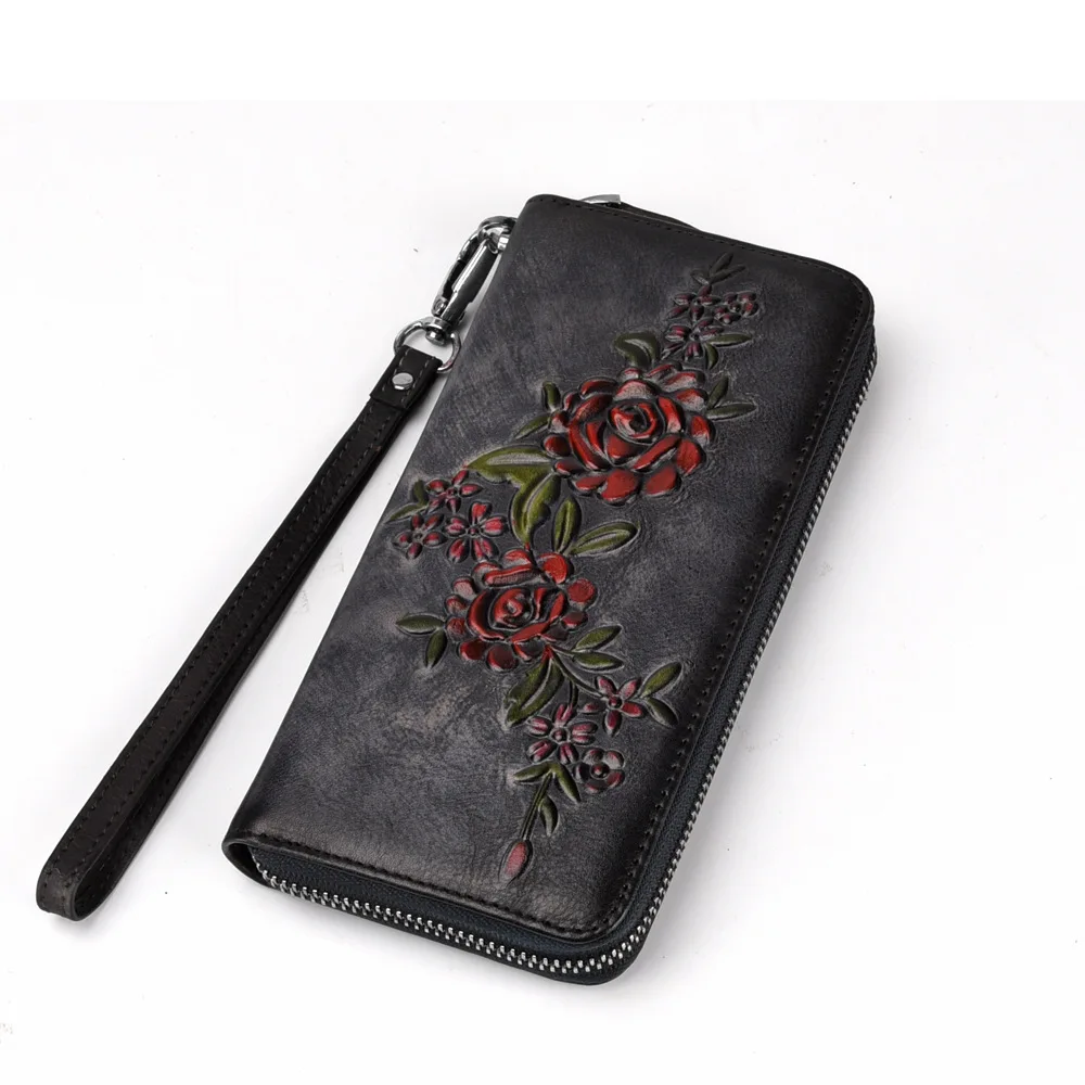 SOUTH GOOSE Fashion Women Wallet Genuine Leather Luxury Long Clutch Handy Bag Printing Floral Female Card Purse Money Clips