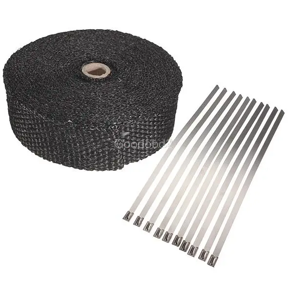 Car Motorcycle Exhaust Heat Pipe Header Wrap +10Cable Tie Manifold Fiberglass 3000 Fahrenheit Insulating Black 5M x 5cm x 1.5mm