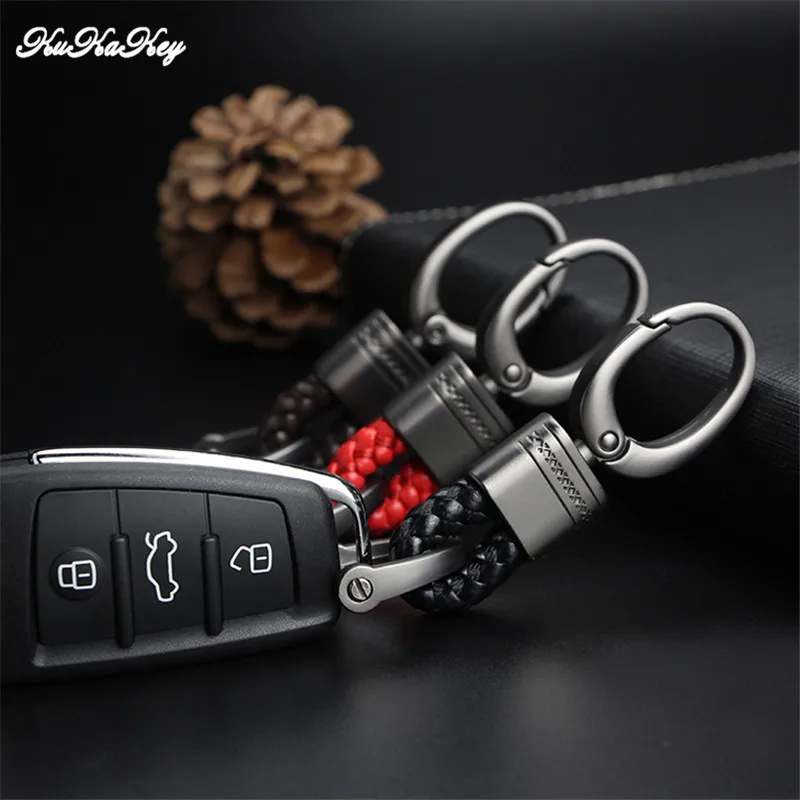 KUKAKEY Hand Woven Horseshoe Buckle Car Keychain Keyring Auto Car Key Chain Rings Holder For Audi BMW Benz Mazda Toyota Renault