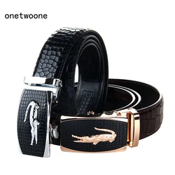 Ceinture en cuir véritable pour hommes, sangles en cuir de vachette, ceinture en peau de crocodile, ceinture noire, design de marque de luxe, décontracté, nouveauté