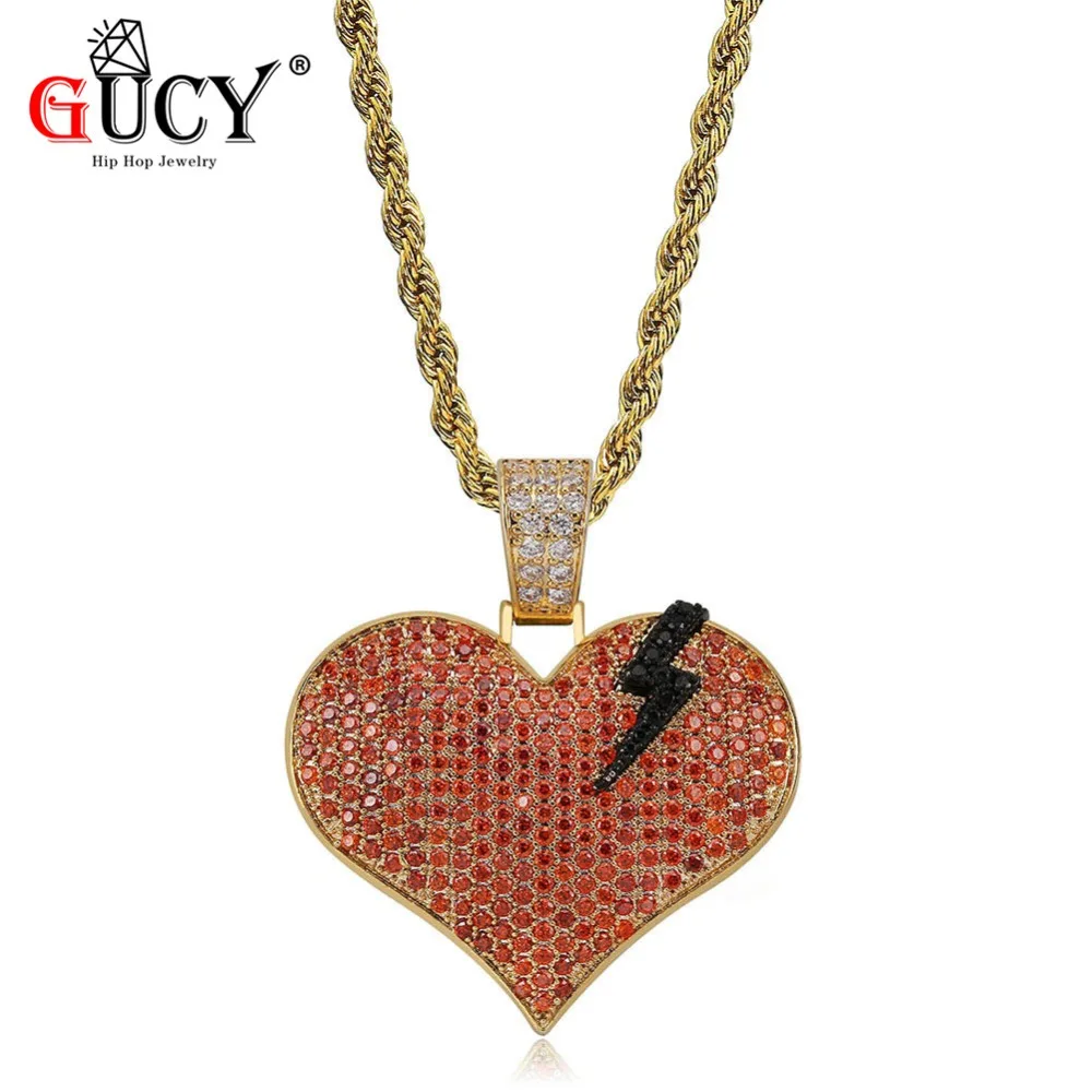 GUCY Red Broken Heart With Lightning Pendant Necklace Iced Out Bling Cubic Zirconia Charm Jewelry Hip Hop Gold Silver Color Gift