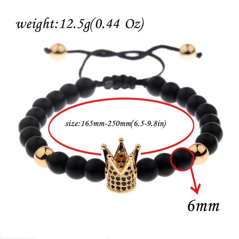 DOUVEI 6mm Pave Zircon Crown Weaving Bracelet Charm Men Handmade Black Matte Bracelets For Women Dropshipping ABL007