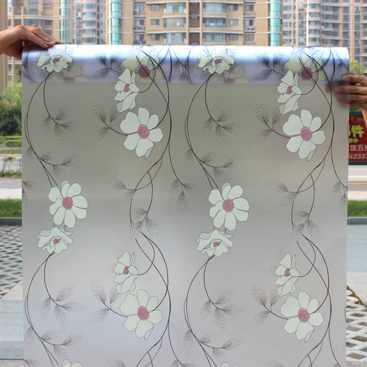 Flower Design Gluey Self-Adhesive Decorative Tinting Film, Advanced Fine Scrub, Windows Glass Printing Sticker, 90x500cm