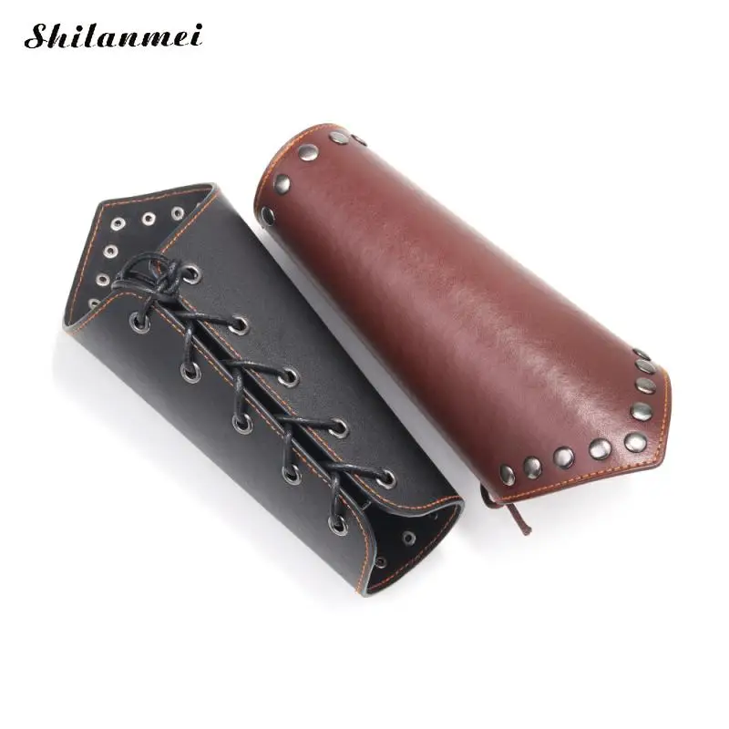 1pc Cross String Black Steampunk Medieval Gauntlet Wristband Brown Cosplay Props Faux Leather Wide Bracer Lace Up Arm Armor Cuff