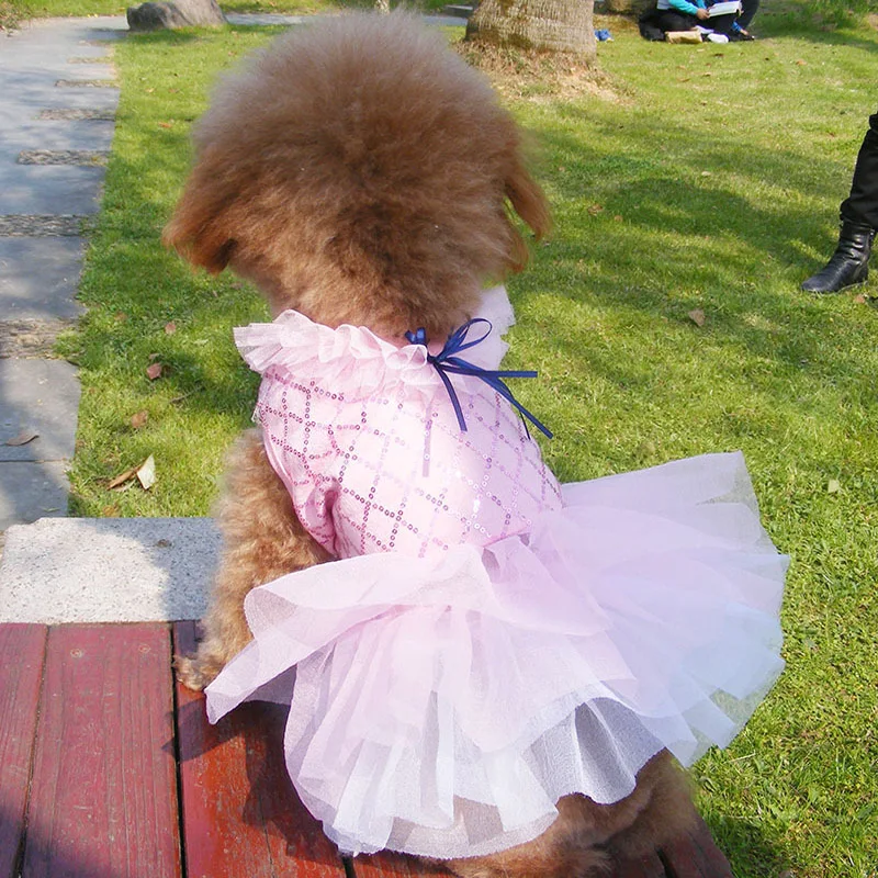 Summer Princess Dresses for Small Dogs Grid Sequins Tutu Wedding Party Skirt Clothes for Chihuahua Yorks Yarn Skirt Cat Clothing