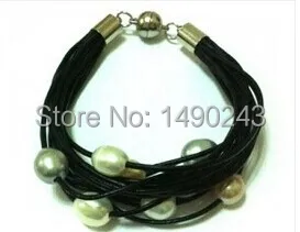 

8 inches 8 rows Black Leather & 10-11 mm Natural Multicolor Pearl Leather Bracelet