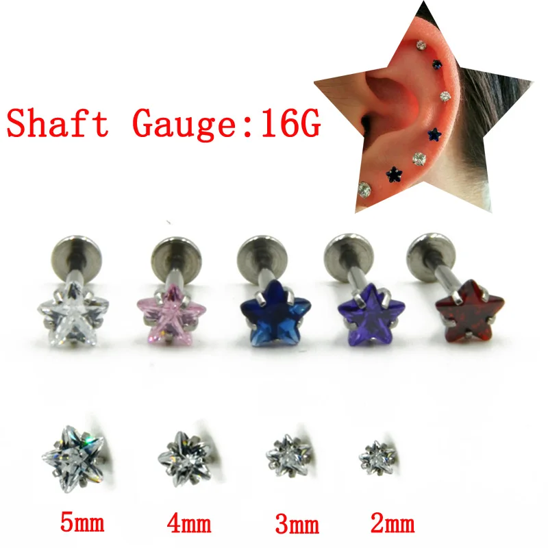 Showlove-1pcs CZ Zircon Star Shape Ear Tragus/Cartilage Piercing Stud Zircon Lip Ring16g Piercing Body Jewelry