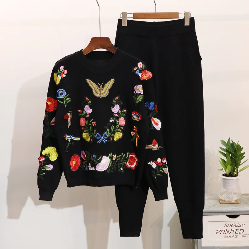 2024 Autumn New Women Knitted Tracksuit Korean Embroidery Butterfly Flowers Casual Long Sleeve Sweater + Pants 2 Piece Set D1287