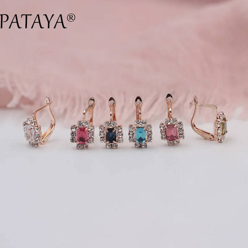 PATAYA New Arrivals Dark Blue Square Natural Cubic Zirconia Earrings 585 Rose Gold Color Fine Earrings Women Jewelry Accessories